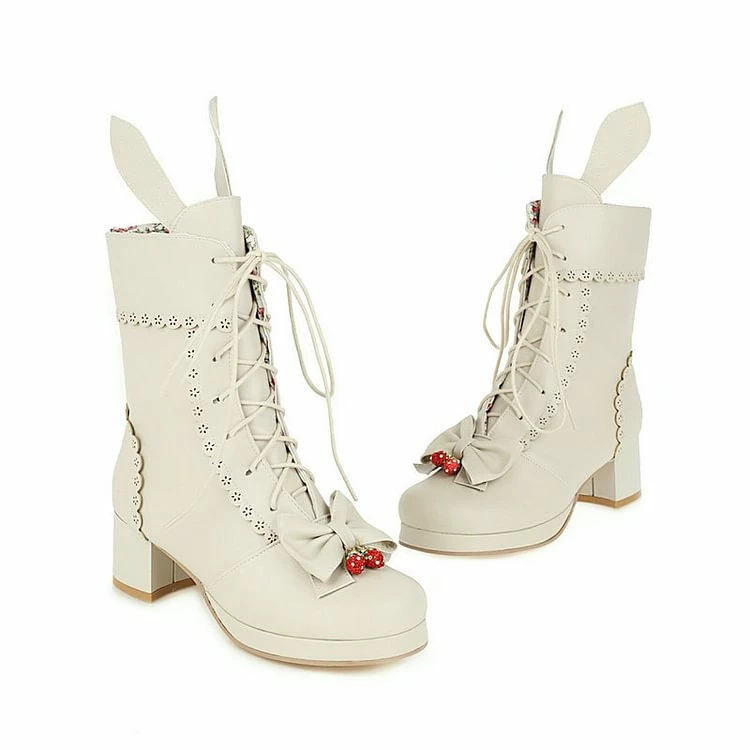 Lolita Girl Bunny Bowknots Lace Up Chunky Heel Martin Boots - Image 5