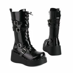 Punk Street Fashion Straps Lace Up Black Wedge Boots