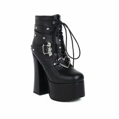 Rivets Straps Lace Up Hoof Heels Platform Boot