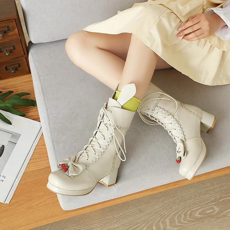 Lolita Girl Bunny Bowknots Lace Up Chunky Heel Martin Boots