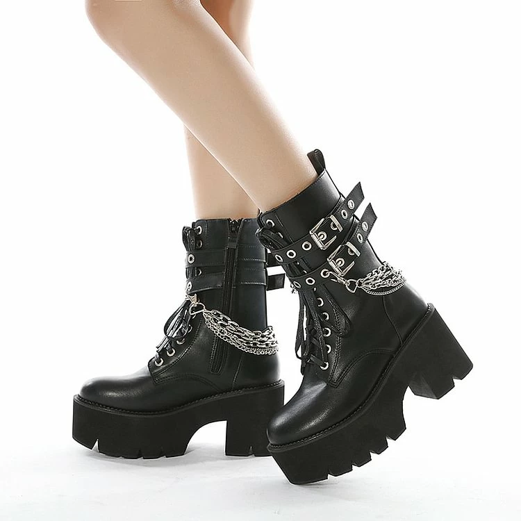Lace Up Chains Ankle Platform Booties - Image 2