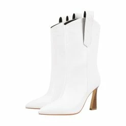 Elegant Girl White Tattoo Style Stitching Paneled Pointed Toe Kitty Heel Boots