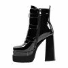 Black Buckle Straps Decoration Square Toe High Chunky Heel Platform Boots