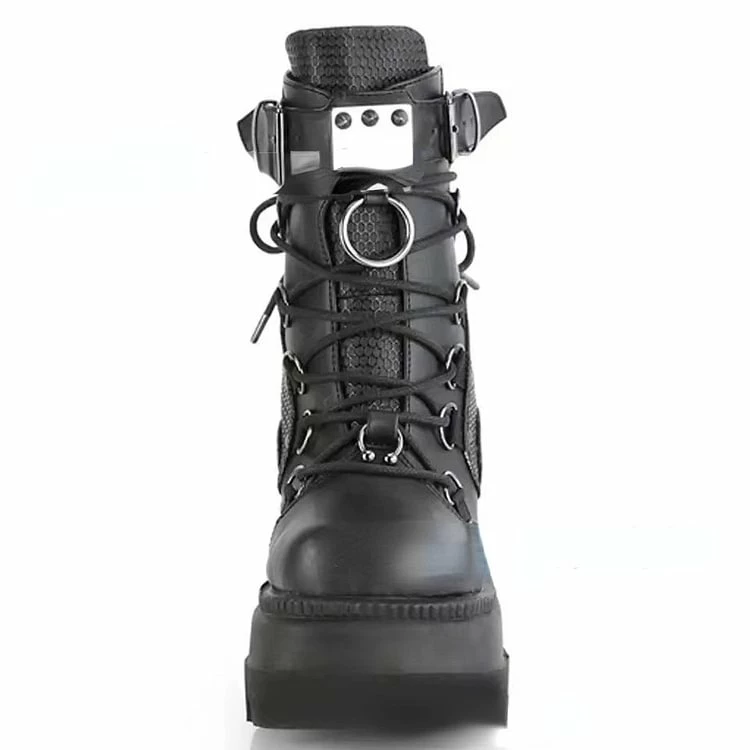 Women‘s Dark Monoblock Wedges Lace Up Platform Boots