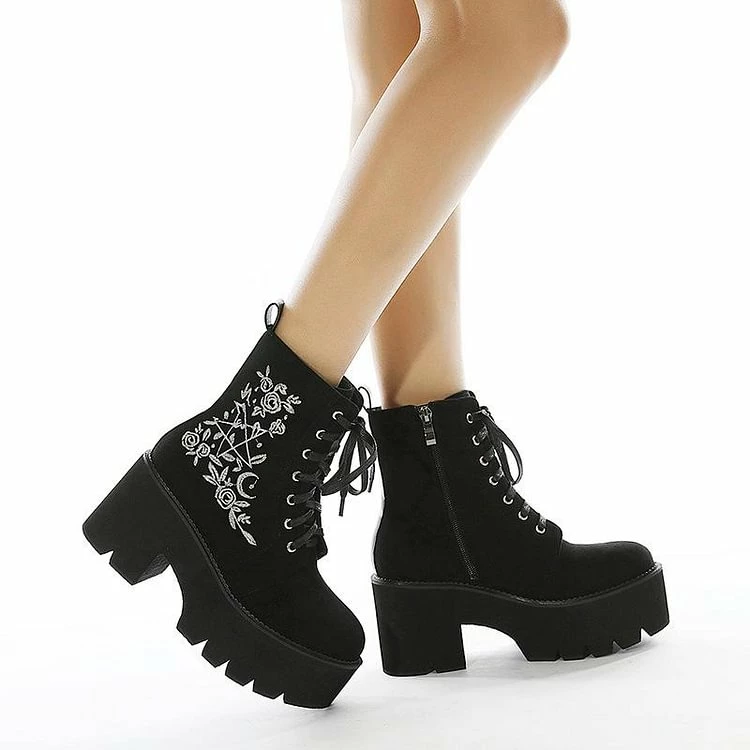 Embroidery Flower Platform Boots