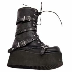 Punk Round Toe Platform PU Buckle Wedge Lace Up Martin Mid Calf Boots