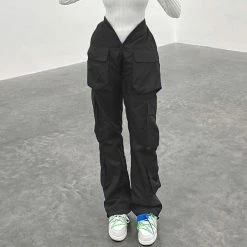 Pockets Decoration Designed Elastic Waist Solid Color Pants