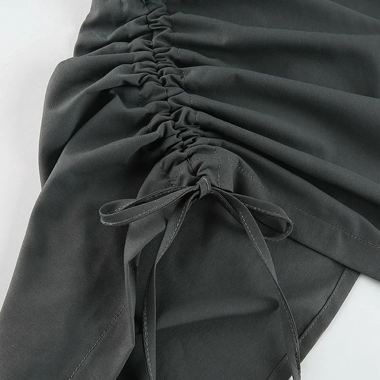 Casual Solid Color Pockets Drawstring Back Split A-line Long Skirt - Image 8