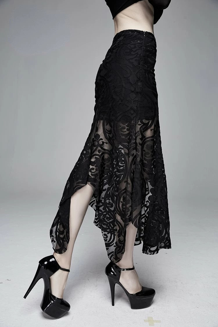 Daily Life Irregular Hem Court Flocking Printed Mesh Sexy Ladies Package Hip Fishtail Skirt