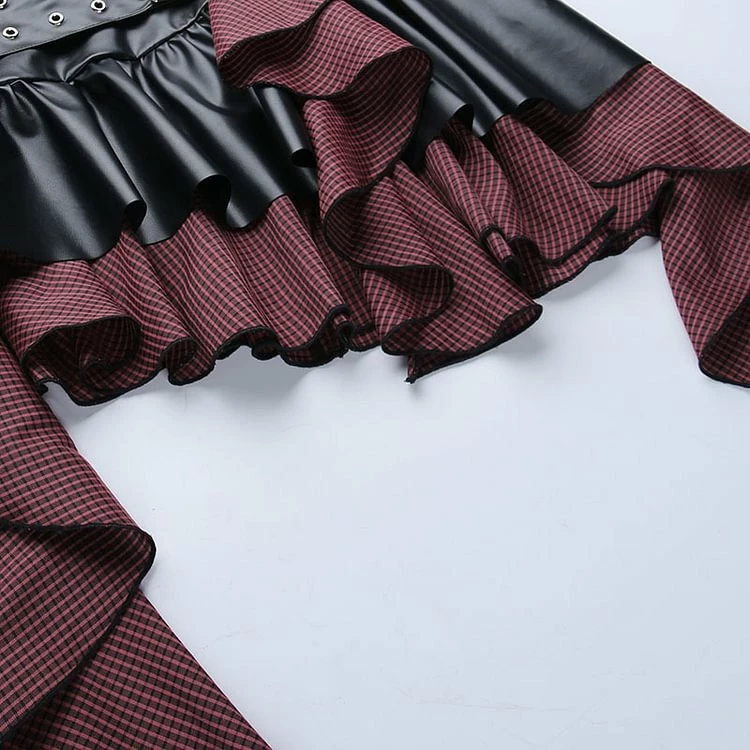 Checkered Lace Up Color Block Asymmetrical Skater Skirt - Image 7