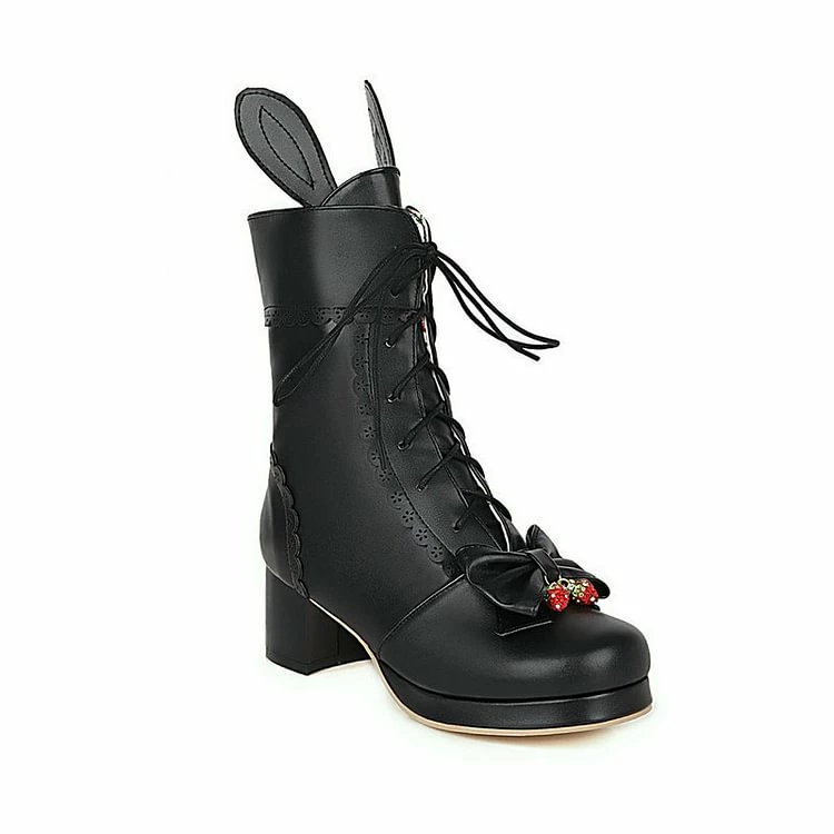 Lolita Girl Bunny Bowknots Lace Up Chunky Heel Martin Boots - Image 3