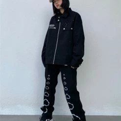 Vintage Heart Printed Washed High Rise Loose Jeans