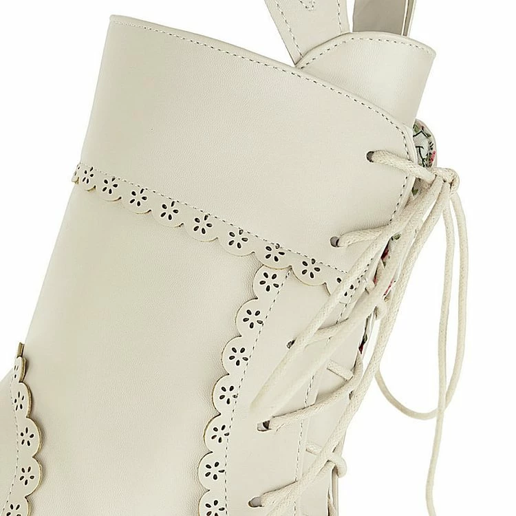 Lolita Girl Bunny Bowknots Lace Up Chunky Heel Martin Boots - Image 7