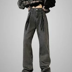 Chic Lace Up Solid Color Washed High Rise Straight Jeans