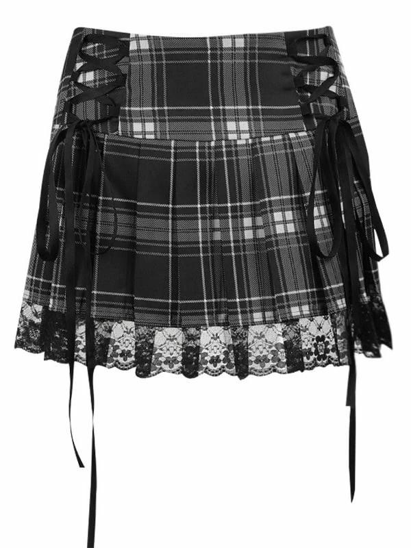Goth Style Lace Hem Gingham Plaid Pleated Skirts - Image 16