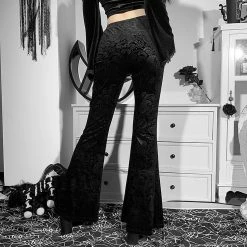 Dark Goth Vintage Floral Jacquard Split Flare