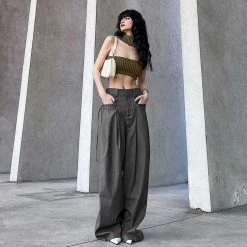 Elegant Grey High Rise Streamers Straight Pants