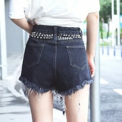 Statement Solid Color Rivets Denim Shorts
