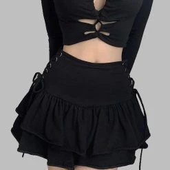 College Style Solid Color Lace Up Layered Skater Skirt
