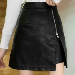 Gothic Dark Solid Zipper Slit High-rise PU Leather A-line Skirt With Underwear
