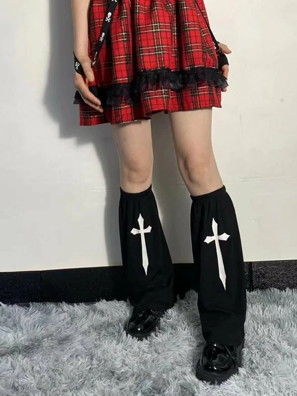 Fashion Cross Solid Black Goth Socks - Image 5