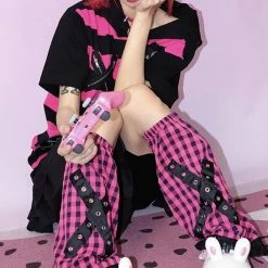 Y2K College Style Color-block Checkered Cross Patched Leg Warmer