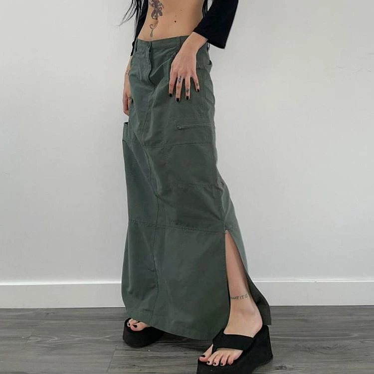 Industrial Fashion Split Low Rise A-line Long Skirt