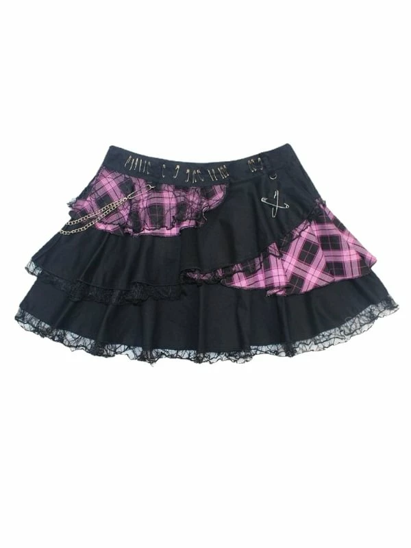 Y2K Statement Color Block Paneled Checkered Layered Skirt