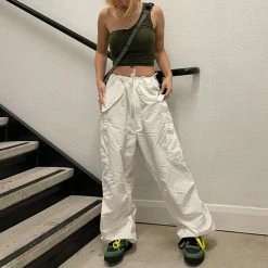 Casual Daily Pockets Elastic Waist Drawstring Split Pants