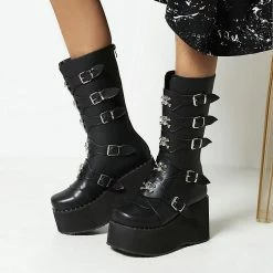 Buckle Straps Skull Decoration Monoblock Wedges Platform Boots
