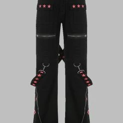Punk Style Statement Star Washed Side Zipper Paneled Streamers Low Rise Industrial Pants