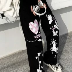 Chic Cute Cartoon Street Fashion Graphic Printed Metal Decorated Straight Pattern High Rise Pants