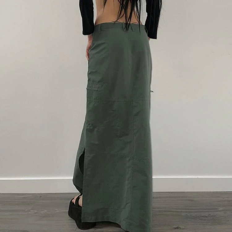 Industrial Fashion Split Low Rise A-line Long Skirt - Image 2