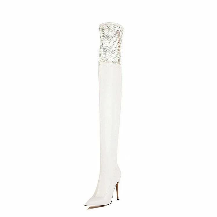 Paneled Flexible Rhinestone Pointed Top Stiletto Over The Knee Boots - Image 4