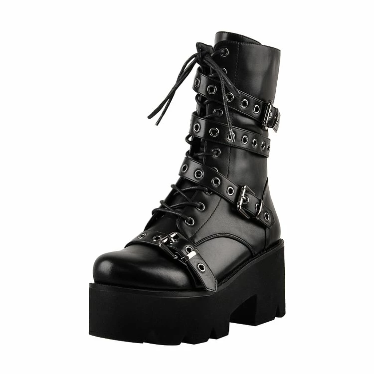 Studded Strap Lace-up Buckle Ankle Boots