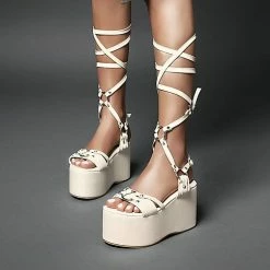 Rome Lace Up Metallic Round Toe Platform Sandals