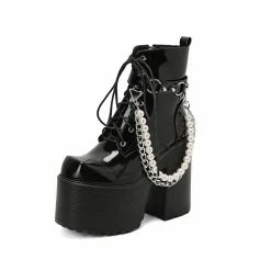 Square Toe Detachable Pearls & Chain Decoration Fleece Platform Boots