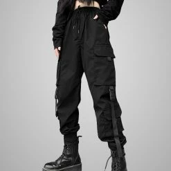 Statement Multi-pockets Streamers Buckle Ankle Banded Pants