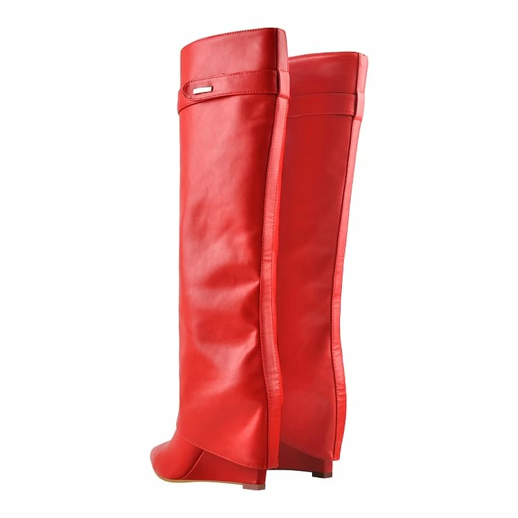Pointed Toe High Heel Wedge Cover Up Fold Over Knee High Boots - Image 3