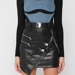 Statement Buckle Decoration Zipper Chain-trimmed Bodycon PU Skirt
