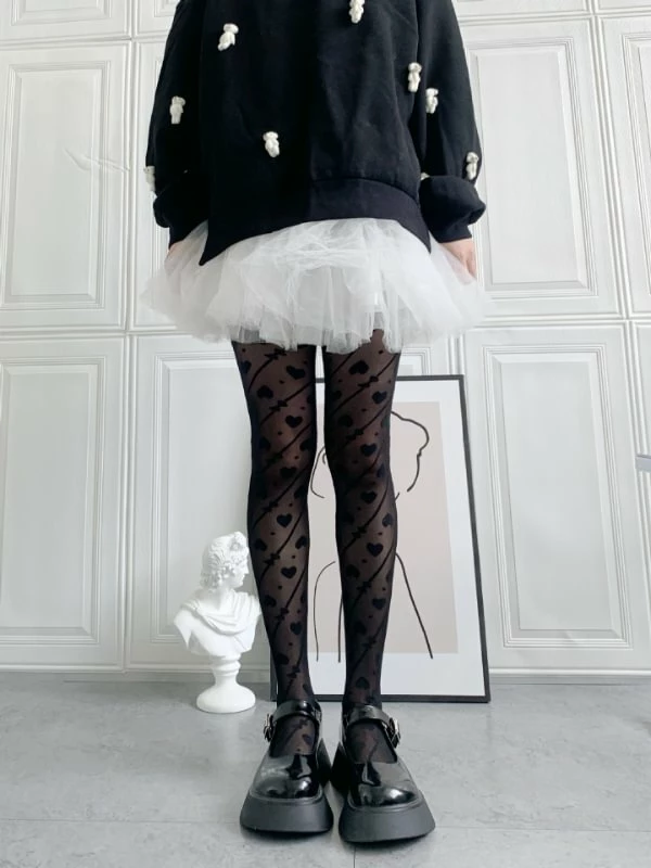 College Style Heart & Bowknots Pattern Stripes Silk Tights - Image 2
