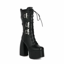 Punk Bat Buckle Straps Lace Up Round Toe High Chunky Heel Platform Boots
