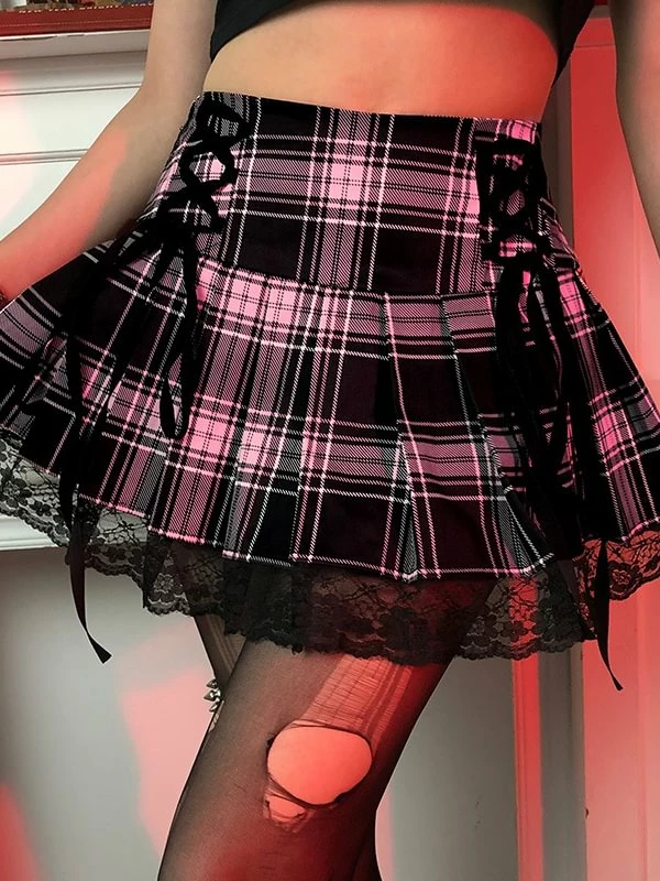 Goth Style Lace Hem Gingham Plaid Pleated Skirts - Image 9