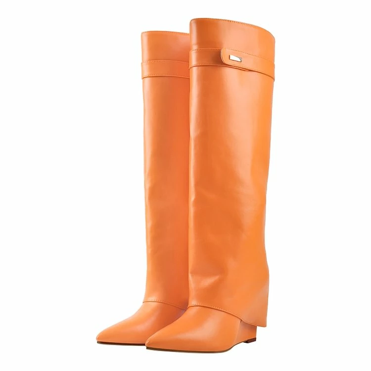 Pointed Toe High Heel Wedge Cover Up Fold Over Knee High Boots - Image 7