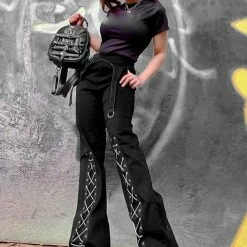 Gothic Dark Solid Black Casual Lace-up High-rise Buttoned Straight Flare With Belt