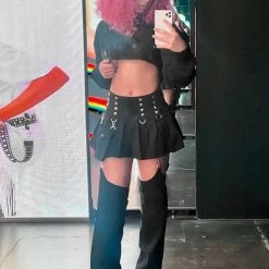 Gothic Black Metal Buckle Hollow Stitching Pleated Skirt Trousers