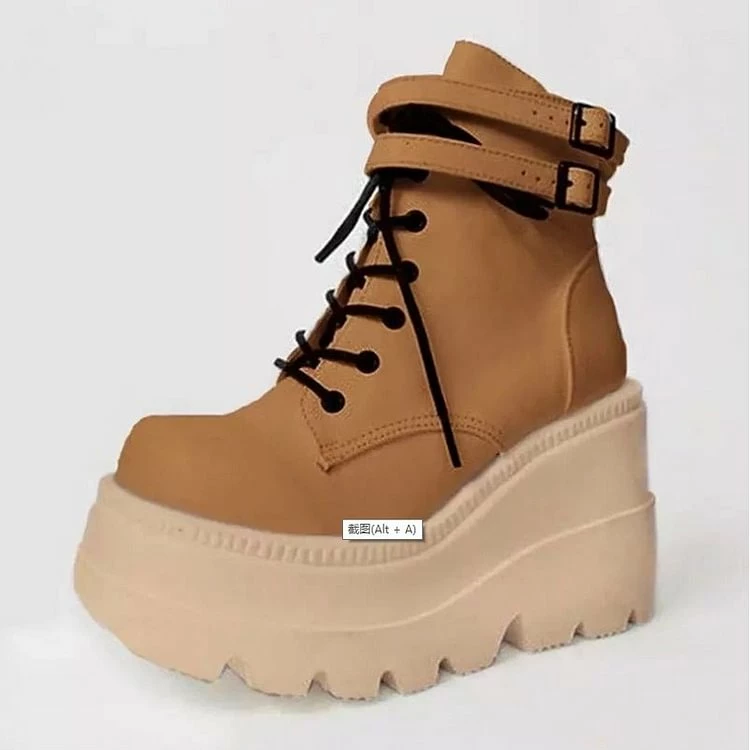 Classics Round Toe Platform Lace Up Zipper Wedge Ankle Boots - Image 2