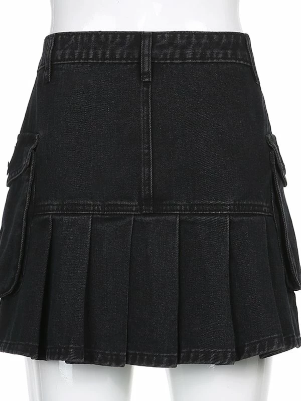 Pleated Side Pockets Denim Jeans Skirts - Image 5