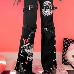 Gothic Dark Street Printed Belt High Rise Washed Jeans With Pockets