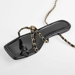 Metal Chain Black Flat Sandals